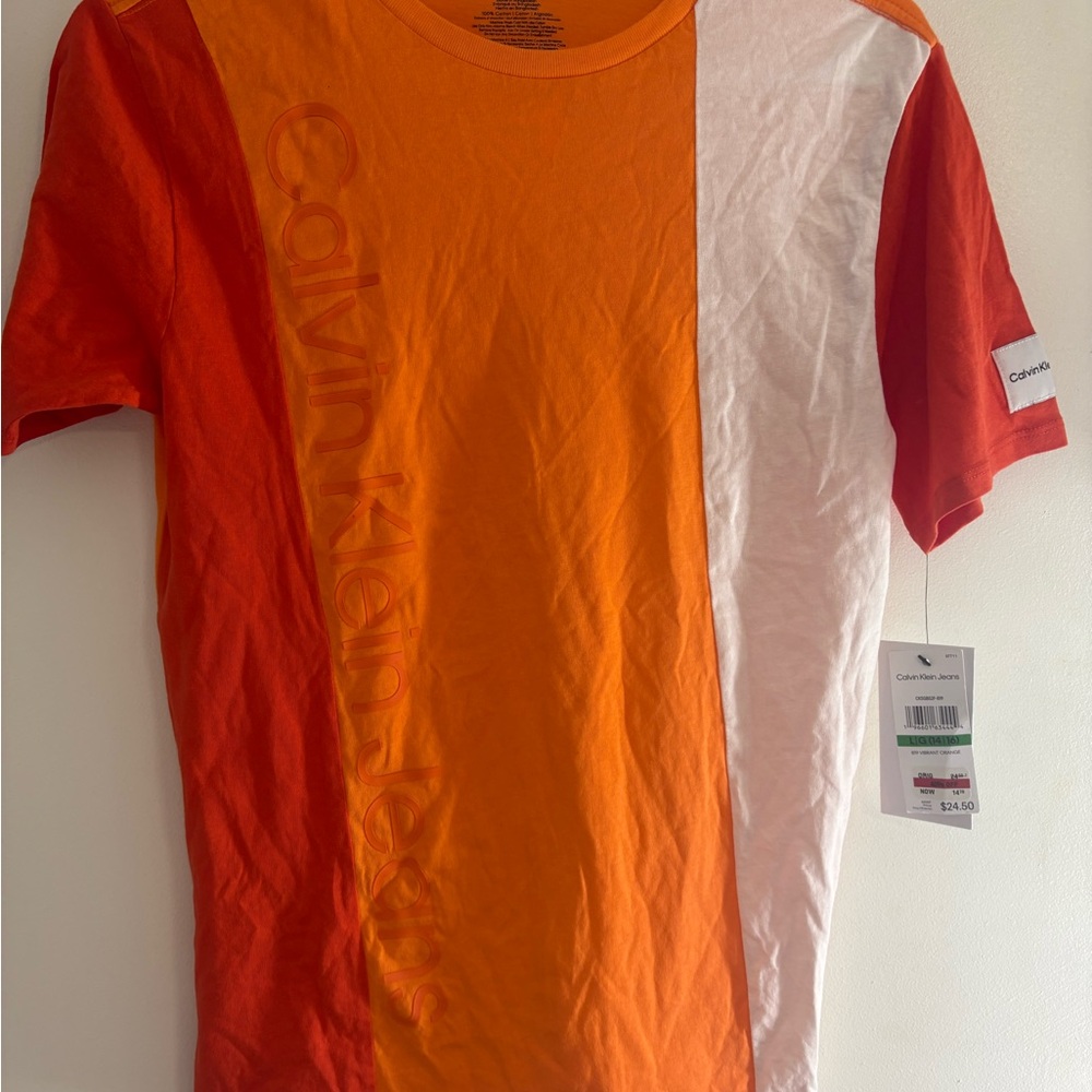 Calvin Klein Jeans Big Boys Short Sleeve T-Shirt Orange & White Size L 14-16
